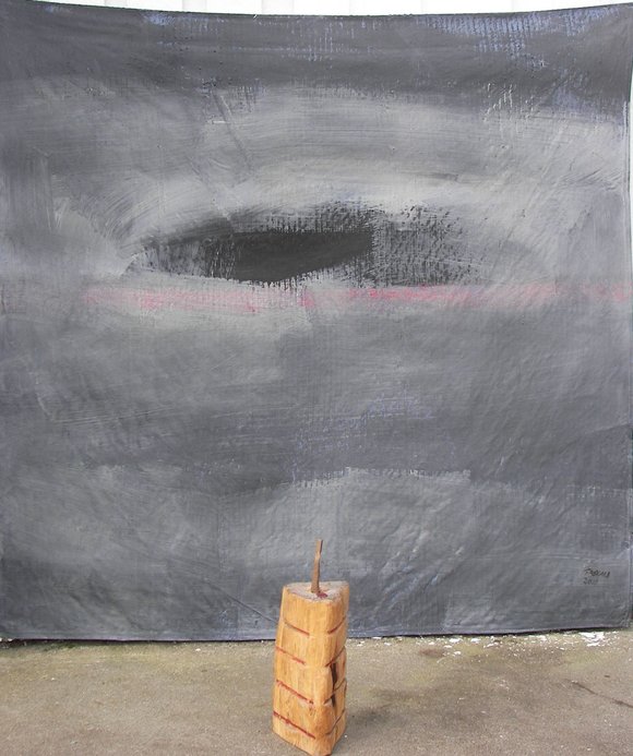 3. stormen. installation made from temperapainting 200x200cm, and sculpture made of wood and stone 45 cm. year 2015 jpg