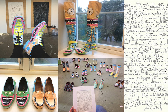 Selection of shoes and drawings noise writing characters