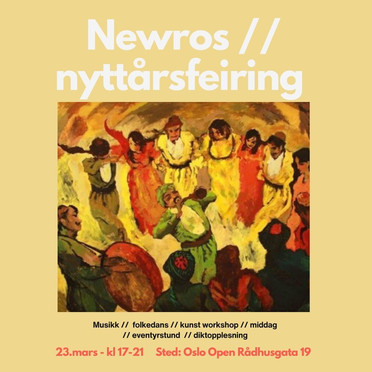 Poster with the text "Newros // nyttårsfeiring" and a painting showing musicians and dancers in Middle Eastern folk dress.