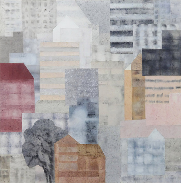 Hanne sletten mellom hus akvarellcollage 72x72cm
