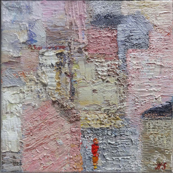 Hanne sletten hus med rød figur 20x20cm olje