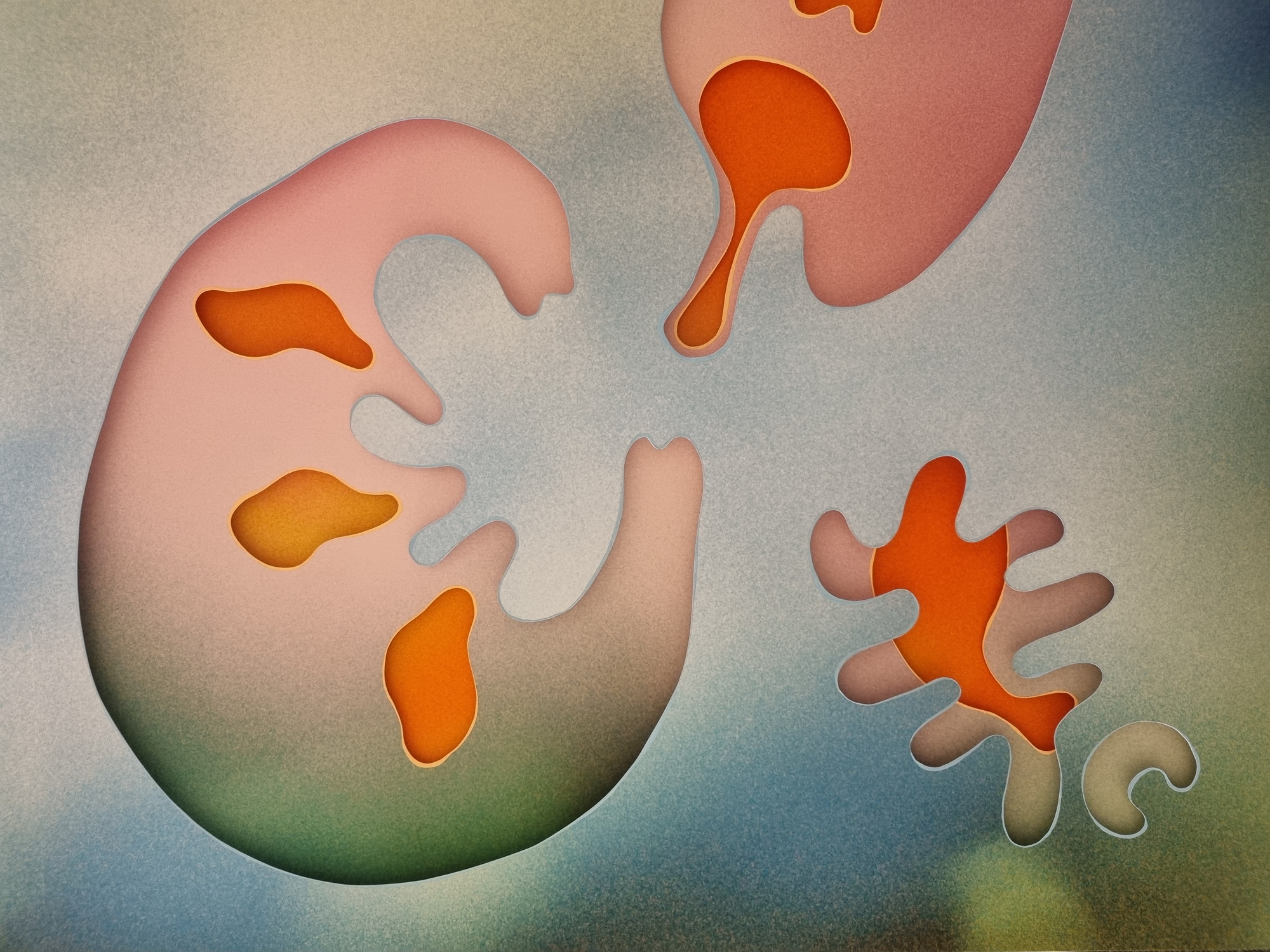 Detalj fra arbeid av Sofie Brønner med abstrakte former i rosa, grønn og oransje på en blågrønn bakgrund