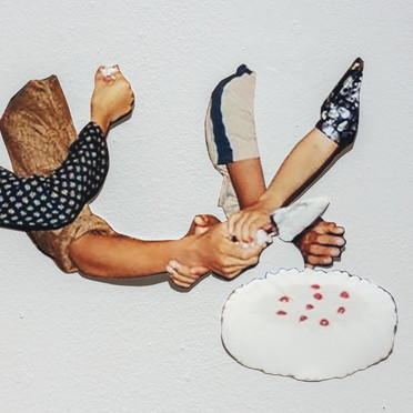 A collage of arms and hands in the process of cutting a cream cake.