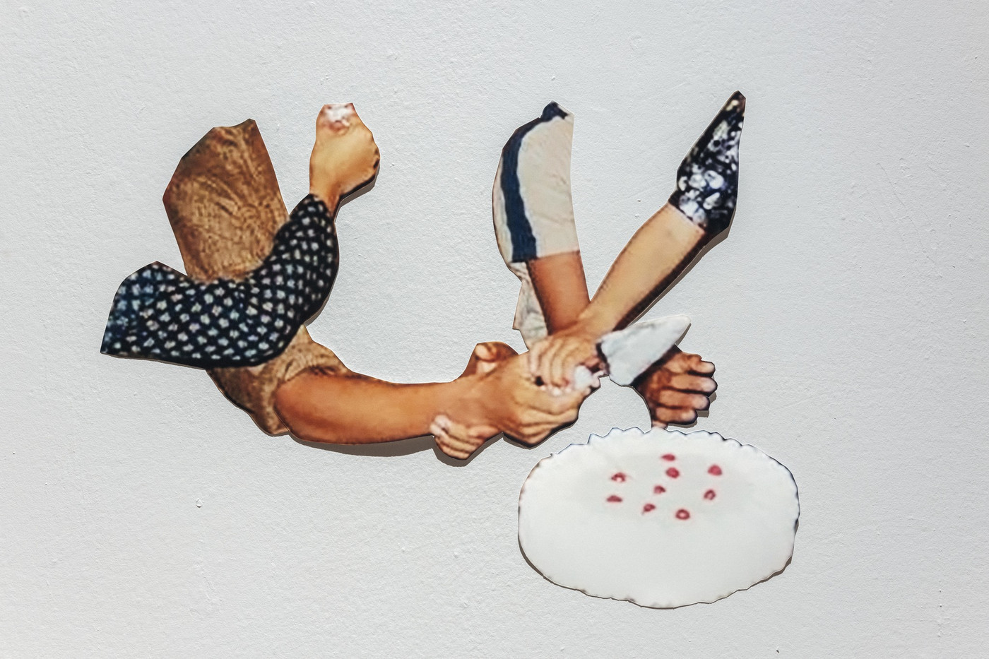 A collage of arms and hands in the process of cutting a cream cake.