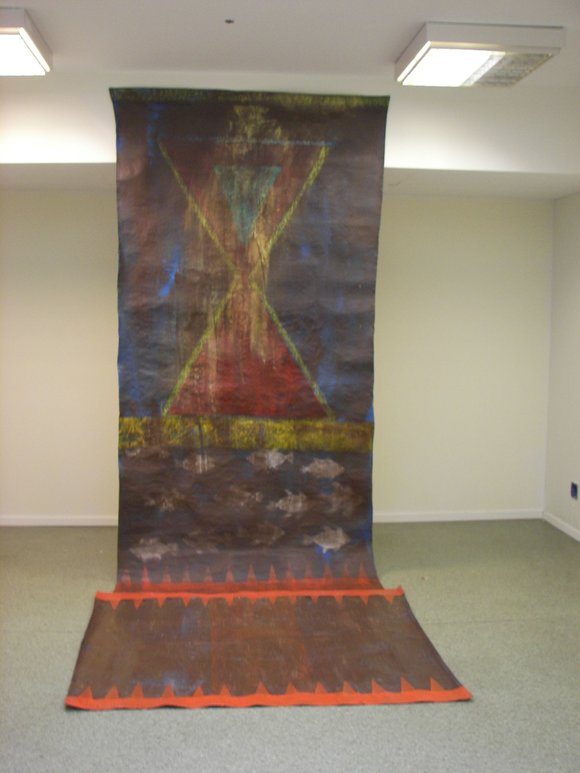 1. fiskens rett til å leve, installasjon bestående av to malerier, et hengende og et liggende 350x140 cm. acryl på lerret, 2017
