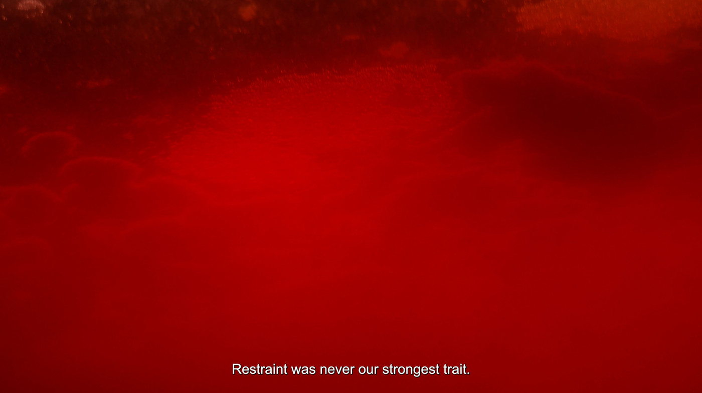 Et rødt, undersjøisk landskap, kanskje fra en bryggeprosess, med bildeteksten: "Restraint was never our strongest trait."