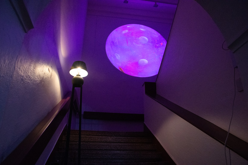 Trappeoppgang med kunstverk laget av en lampe, og en stor rund projeksjon på veggen bak
